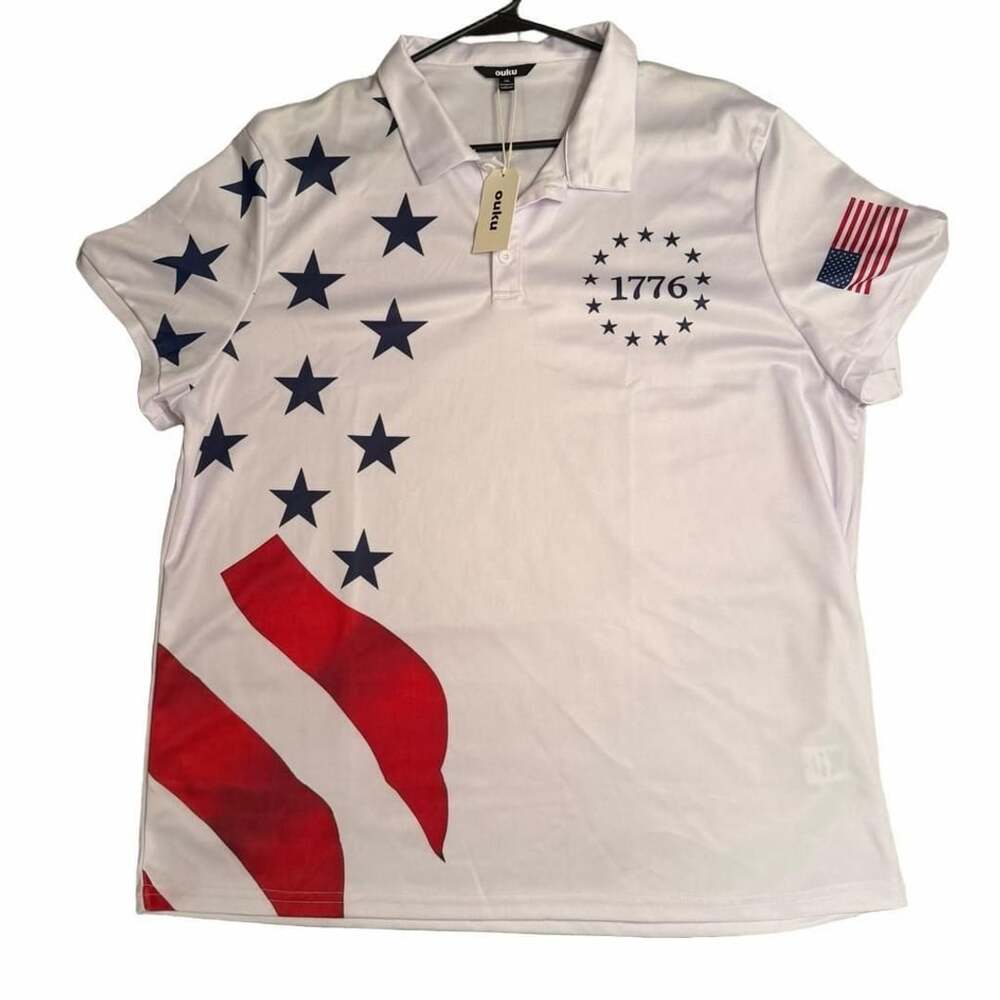 NWT Ouku US Flag 1776 Polo Shirt Size 2XL White Patriotic